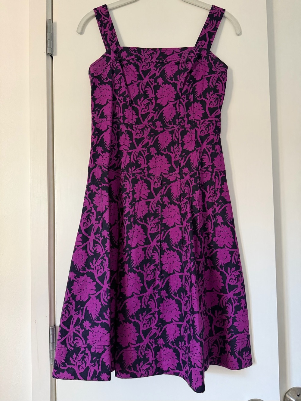 Tory Burch Black and Purple Floral Midi Dress with Wide Straps